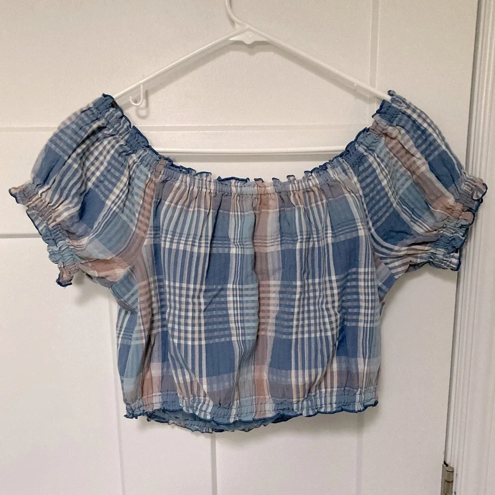 AEO 🦅 Off Shoulder Plaid Puff Sleeve Crop Top - Picture 10 of 15